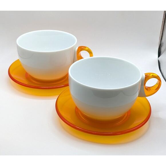 Guzzini Cappuccino Large Mugs Neon Orange Saucer Porcelain/Acrylic Set of Two - Picture 1 of 12
